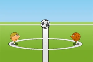 캐릭터 두 명이 축구장에서 축구공을 중심으로 마주 보고 있는 장면