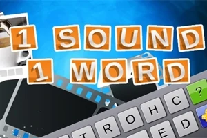영화 필름과 키보드 이미지 위에 1 SOUND 1 WORD라는 글자가 배치된 디자인