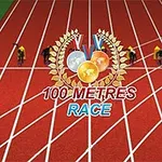 육상 경기장에서 100미터 달리기 출발선에 있는 육상 선수들과 메달 이미지를 보여주는 장면