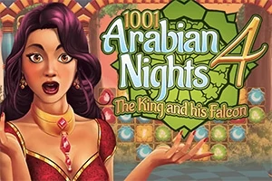 어두운 머리에 화려한 장신구를 착용한 여성이 놀란 표정을 짓고 있으며, 뒤에는 1001 Arabian Nights 4: The King and his Falcon이라는 글자가 새겨진 장식적인 배경이 있습니다