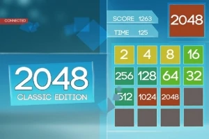 2048 클래식 에디션 게임 화면, 점수와 시간이 표시되고 다양한 색상의 숫자 타일이 배치되어 있음