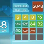 2048 클래식 에디션 게임 화면, 점수와 시간이 표시되고 다양한 색상의 숫자 타일이 배치되어 있음