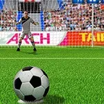 축구 경기장에서 골문 앞에 서 있는 골키퍼와 가까운 거리의 잔디 위에 놓인 축구공