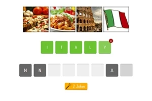 피자, 파스타, 콜로세움, 이탈리아 국기 이미지와 함께 ITALY라고 철자가 맞춰진 퍼즐 화면