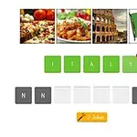 피자, 파스타, 콜로세움, 이탈리아 국기 이미지와 함께 ITALY라고 철자가 맞춰진 퍼즐 화면