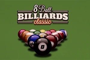 초록색 배경에 삼각형 형태로 배열된 당구공들이 놓여 있으며, 상단에 8 Ball Billiards Classic이라는 글자가 쓰여 있다
