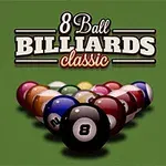 초록색 배경에 삼각형 형태로 배열된 당구공들이 놓여 있으며, 상단에 8 Ball Billiards Classic이라는 글자가 쓰여 있다