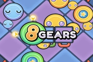 다양한 색상의 원형 캐릭터들이 격자무늬 배경 위에 배치되어 있고, 중앙에 8 GEARS라는 텍스트가 있는 이미지