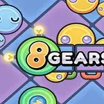 다양한 색상의 원형 캐릭터들이 격자무늬 배경 위에 배치되어 있고, 중앙에 8 GEARS라는 텍스트가 있는 이미지