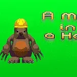 녹색 배경에 노란 모자를 쓴 두더지가 있으며, A mole in a hole이라는 글자가 있다