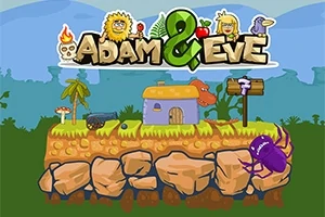 만화 스타일의 풍경 위에 작은 집과 나무, 큰 보라색 벌레가 있으며, 위에 Adam & Eve라는 글자가 있다