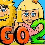 수염을 기른 남성과 금발 여성이 큰 GO 2 글자와 함께 서 있는 만화 스타일의 이미지
