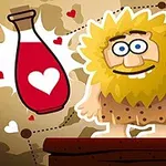 노란 머리의 동굴인이 사랑의 물약과 함께 서 있는 모습