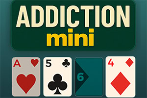 초록색 배경 위에 ADDICTION mini라는 글자와 하트 A, 클로버 5, 파란색 카드(6), 다이아 4가 나란히 놓인 카드 이미지