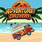 열대 해변 배경에 무지개 색상으로 꾸며진 밴이 날아오르고 있으며, 위쪽에 ADVENTURE DRIVERS 로고가 있는 장면