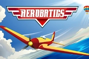 하늘을 나는 빨간색과 노란색 비행기 배경의 AEROBATICS 로고