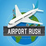 파란 하늘 배경에 지구 위를 나는 흰색 비행기와 AIRPORT RUSH 텍스트