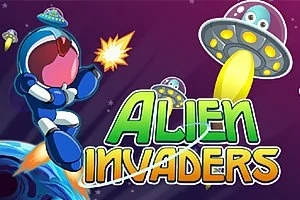 우주복을 입은 캐릭터가 외계인 우주선을 향해 무기를 발사하는 모습과 Alien Invaders라는 텍스트가 있는 이미지