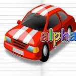 빨간색 줄무늬 자동차와 함께 alphabet for child라는 알록달록한 텍스트가 있는 이미지