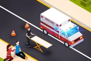 앉아있는 부상자와 그를 돌보는 사람, 구급차, 들것을 끌고 있는 의료진, 도로가 보입니다