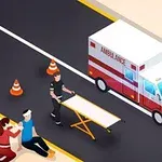 앉아있는 부상자와 그를 돌보는 사람, 구급차, 들것을 끌고 있는 의료진, 도로가 보입니다