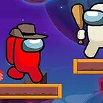 우주 테마의 배경에서 빨간색과 흰색 캐릭터가 플랫폼 위에 서 있으며, 흰색 캐릭터는 방망이를 들고 있다