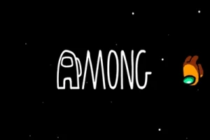검은 배경에 하얀 글자 AMONG과 오렌지색 우주복을 입은 캐릭터가 있는 이미지
