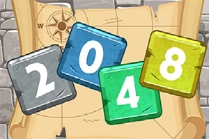 오래된 지도 위에 다양한 색상의 숫자 타일이 2048 순서로 놓여 있다