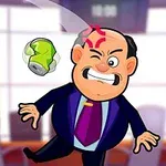 정장이 찢어진 남자가 녹색 캔에 머리를 맞고 찡그린 표정을 짓고 있는 모습