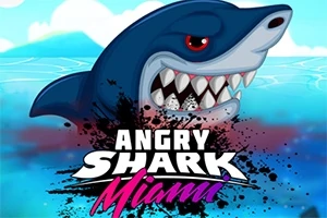 파란 상어가 입을 벌리고 물 위로 올라오는 장면과 Angry Shark Miami라는 텍스트가 있는 일러스트입니다