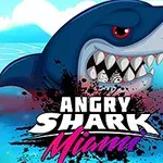 파란 상어가 입을 벌리고 물 위로 올라오는 장면과 Angry Shark Miami라는 텍스트가 있는 일러스트입니다