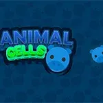 파란색 동물 세포 모양의 아이콘들과 ANIMAL CELLS라는 글자가 있는 파란 배경