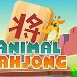 기린이 있는 마작 패와 ANIMAL MAHJONG 글자가 배경의 자연 풍경과 함께 나타난 이미지