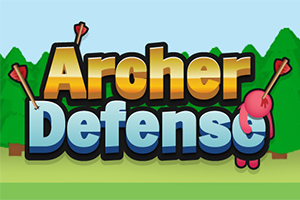 화살과 양궁 캐릭터가 있는 Archer Defense 텍스트, 배경에 숲