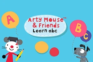 파란 배경에 쥐와 강아지가 알파벳 A와 B가 적힌 풍선을 들고 있는 그림
