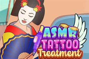 기모노를 입고 부채를 든 여성의 일러스트와 ASMR Tattoo Treatment라는 글자가 있는 이미지