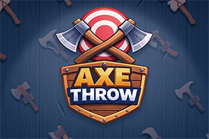 교차된 도끼와 과녁 위에 ‘AXE THROW’ 문구가 있는 나무 방패 로고 일러스트
