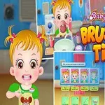 아기가 양치질을 하는 장면이 포함된 다양한 이미지와 Brushing Time이라는 글자가 있는 화면