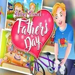 귀여운 소녀와 남자가 아버지의 날을 배경으로 서 있고, 중앙에 하트 모양의 로고가 있습니다
