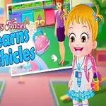 어린 소녀가 학교 가방을 메고 미소를 짓고 있으며, 주변에 여러 장난감 자동차와 다른 어린이들이 있는 장면