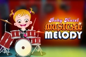 드럼 세트를 치고 있는 귀여운 금발 아이와 Musical Melody 텍스트