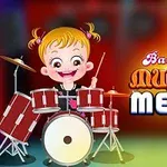 드럼 세트를 치고 있는 귀여운 금발 아이와 Musical Melody 텍스트