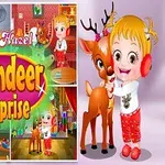 산타클로스와 루돌프, 귀마개를 쓴 어린 소녀가 있는 다채롭고 화려한 이미지