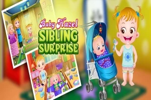 아기가 유모차에 앉아 있고 어린 소녀가 서 있는 그림과 Baby Hazel Sibling Surprise라는 글자가 포함된 이미지