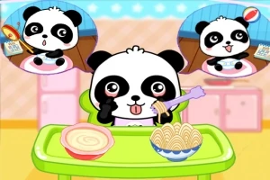 귀여운 판다가 테이블에 앉아 음식 앞에서 젓가락을 사용하는 모습과 두 개의 음식이 그려진 말풍선