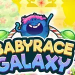 파란색 캐릭터가 있는 알록달록한 배경 위에 BABYRACE GALAXY라는 텍스트가 있는 이미지