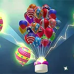 다양한 색상과 패턴의 풍선들이 빛나는 배경 위로 떠오르고 있으며, 하단에는 빛나는 버튼을 누르려는 손이 보입니다