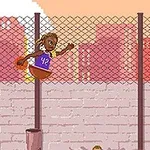 농구 유니폼을 입은 캐릭터가 농구 골대에 점프하고 있는 픽셀 아트 이미지