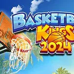 농구 골대와 농구공이 열대 배경 앞에 있으며 Basketball Kings 2024 텍스트가 강조된 이미지