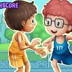 두 명의 만화 캐릭터가 공원에서 농구를 하고 있으며, 한 명은 노란색 유니폼을, 다른 한 명은 파란색 유니폼과 안경을 착용하고 있습니다